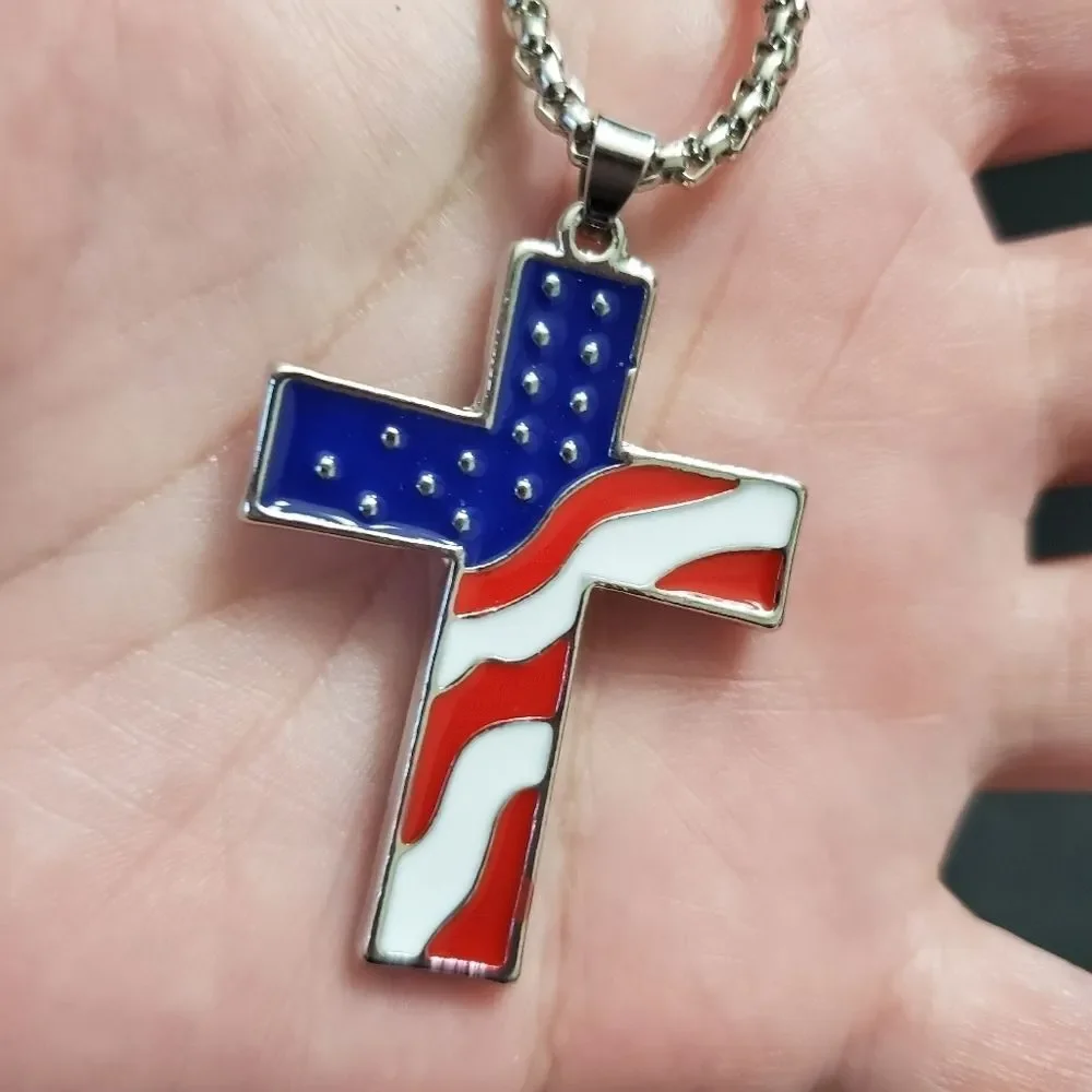 Silver tone flag cross pendant necklace 23